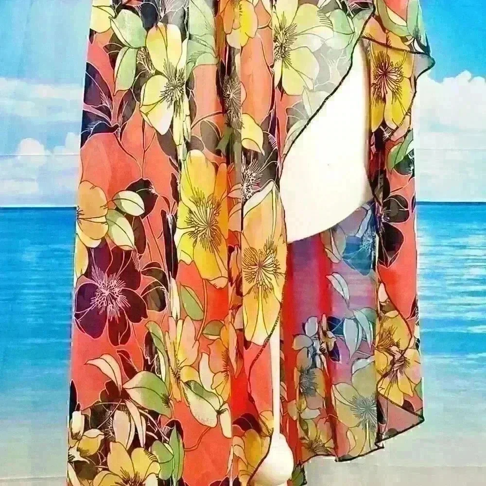ORANGE FLORAL Beach Cover Sheer Open front Long Shawl LIGHTWEIGH Shrug One Size